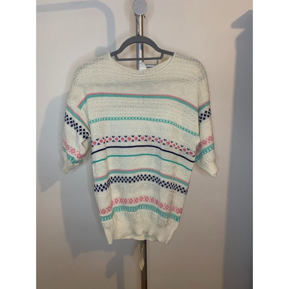 Vintage 80s Knit NWT Deadstock Striped Flower Sweater Cottagecore Top Medium